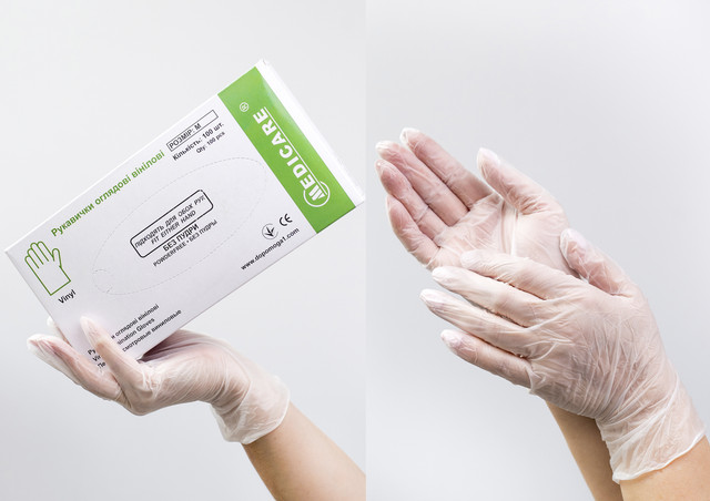 Рукавички оглядові вінілові «MEDICARE» (нестерильні, не текстуровані, без пудри) розмір M (прозорі)